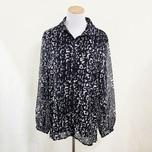 Astars sheer black leopard blouse metallic silver Long Sleeve Women's Large